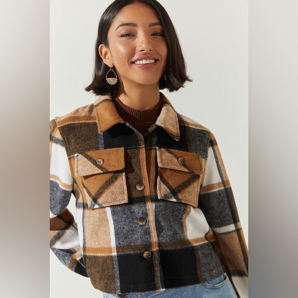 Francesca's Collections Jackets & Blazers - Ashley outerwear cropped shacket Megan cropped shacket in brown plaid S